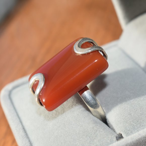 Vintage Unique Art Deco Large Sterling Silver Carnelian Ring - Picture 3 of 9